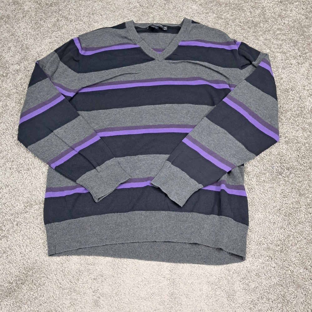 French Connection Mens XXL Striped V-Neck Cotton Sweater Grey Purple RN53372